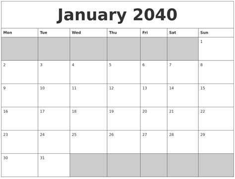 January 2040 Blank Printable Calendar