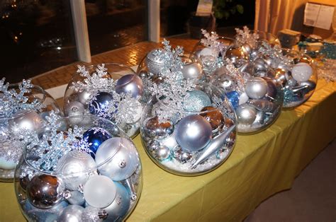 Winter Wedding Centerpieces Bowls Of Ornaments Topped With A Snowflake