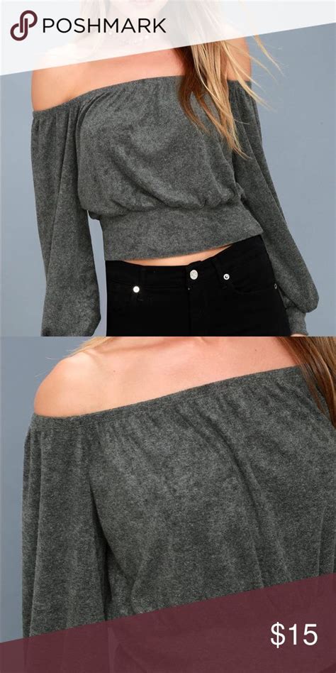 Charcoal Grey Off The Shoulder Cropped Sweater Top