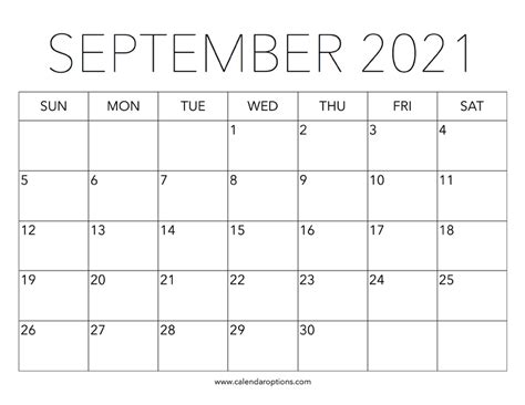 Printable September 2021 Calendar Calendar Options