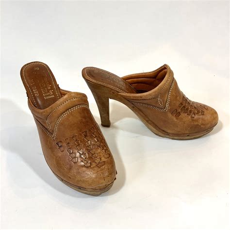 70s platform clog heels vintage 1970s wooden mules brown leather wood high heel sandals