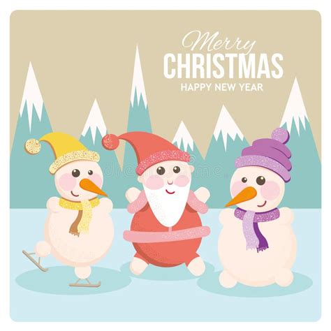 Santa And Snowman On A Cheerful Holiday Card Stock Vector