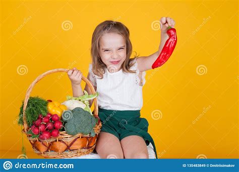 Klein Mooi Meisje Die Een Mand Vers Fruit En Groenten Gezond Voedsel