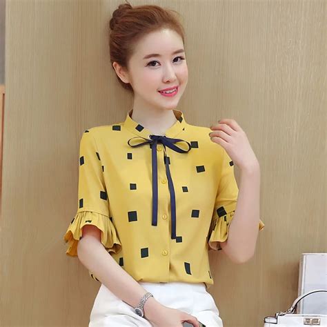 Women Spring Summer Style Chiffon Blouses Shirts Lady Casual Office Work Wear Bow Tie Stand