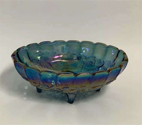 Blue Indiana Carnival Glass Harvest Grape Wedding Footed Fruit Bowl 12