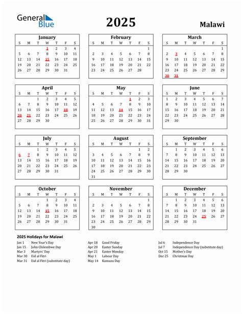 Free Printable 2025 Malawi Holiday Calendar