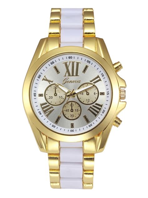 Geneva Luxury Stainless Steel Gold Dial Quartz Analog Women Watch