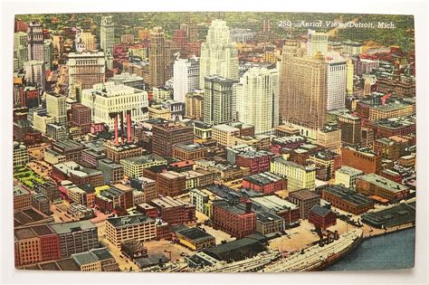 Vintage Detroit Michigan Postcard Linen Color Postcard Aerial View Of