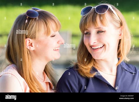 Pretty Twins Girls Having Fun At Outdoor Summer Park Young Student