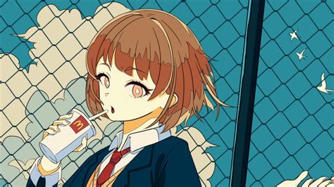 Wallpaper Girl Schoolgirl Drink Cup Anime Hd Picture Image