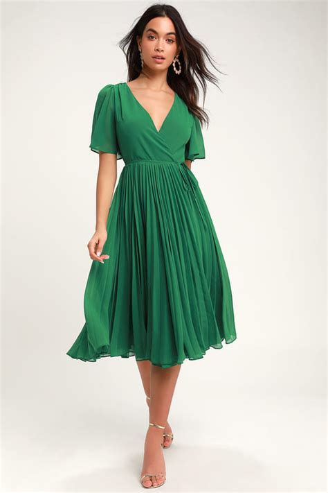 Pleats To Meet You Green Pleated Midi Wrap Dress Wrap Dress Classy