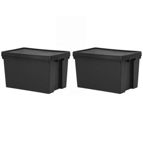 [set Of 2] 62l Heavy Duty Black Storage Box With Lid Recycled Plastic Container Ebay