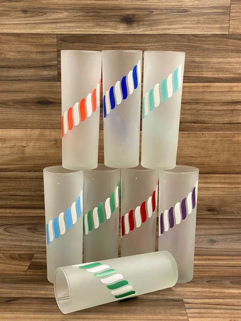 Vintage Libbey Candy Stripe Glasses Set Of 8 White Frosted Iced Drink Glasses Mid Century