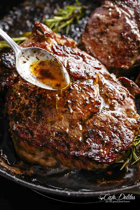 Add 3 tablespoons butter, garlic, whole rosemary sprigs, and whole thyme sprigs to the skillet and continue to cook, flipping steak occasionally, and basting any light spots with foaming butter. Butter Basted Steak | cafedelites.com | Rib eye steak ...