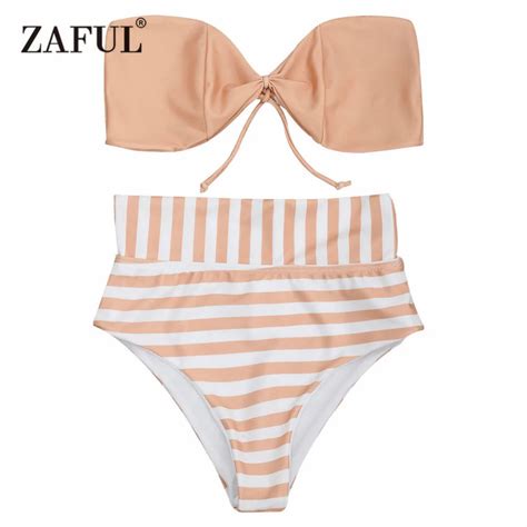Zaful Women New Striped Bandeau High Waisted Bikini Set Bowknot