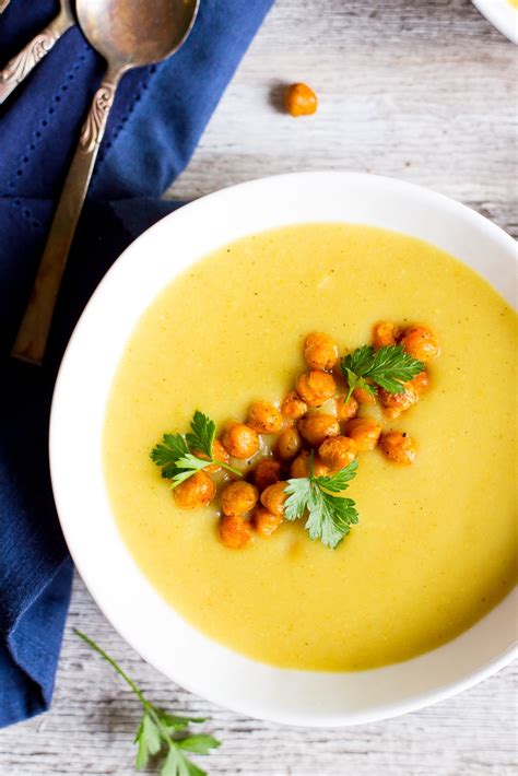 Curried Cauliflower And Potato Soup With Crispy Chickpeas