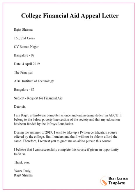 10 Appeal Letter For College Template Format Sample And Example