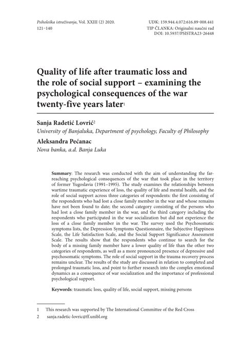 Pdf Quality Of Life After Traumatic Loss And The Role Of Social