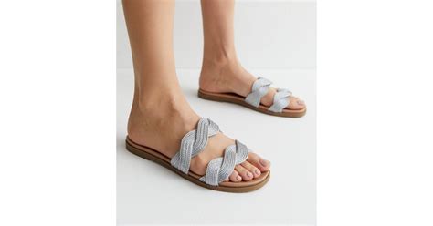 Silver Raffia Plaited Double Strap Sliders New Look