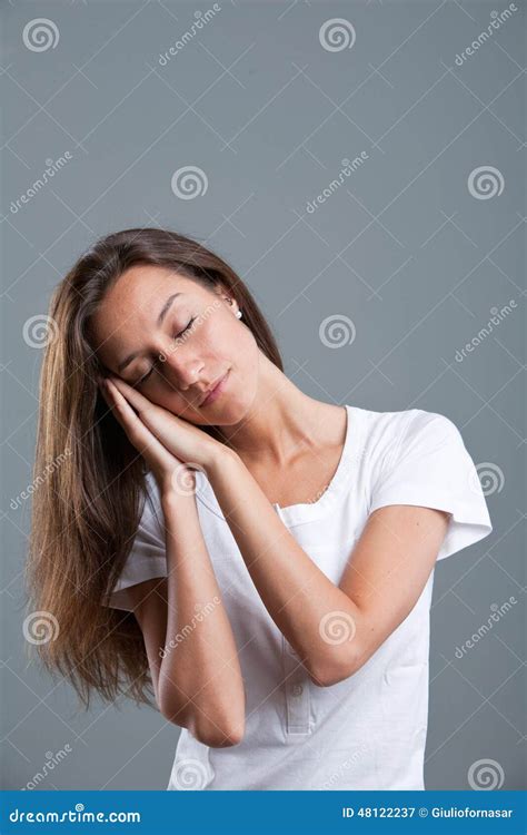 Young Woman Pretending Sleep Gesture Stock Image Image Of Lifestyle