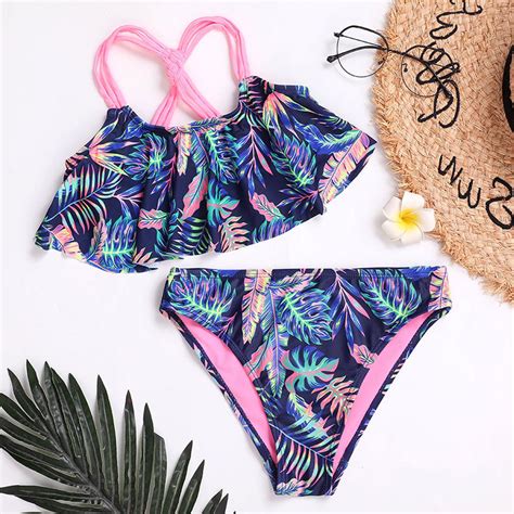 Flounce Girl Swimsuit Kids Tropical Leaf Print Girl Bikini Set Two