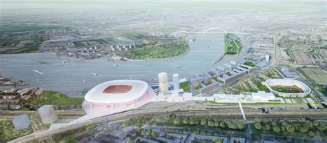 An iconic structure partly located over the river maas, the stadium . Design: Feyenoord City - StadiumDB.com