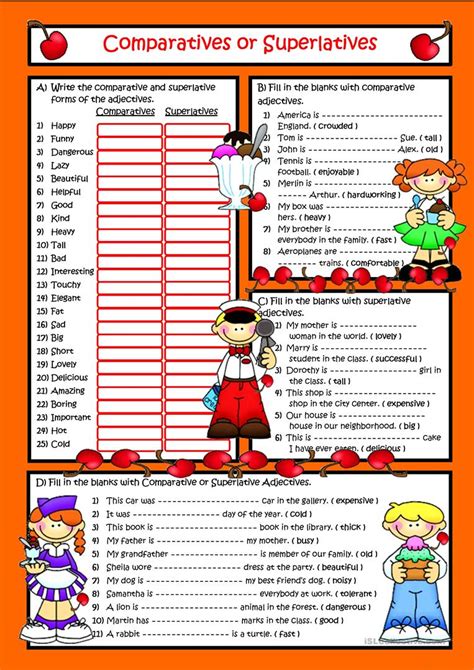 Learn how to use comparative and superlative adjectives in english with example sentences and esl printable worksheets. Esl Comparative Adjectives Worksheets