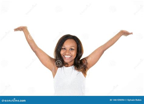 Excited Young African American Woman Palm Hands Up On White Background