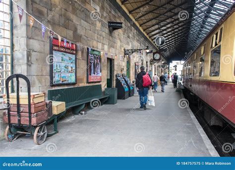 Tourists On Old Heritage Vintage Railway Station Platform With