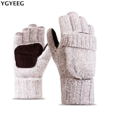 Ygyeeg Thick Male Fingerless Gloves Men Wool Winter Warm Exposed Finger Mittens Knitted Warm