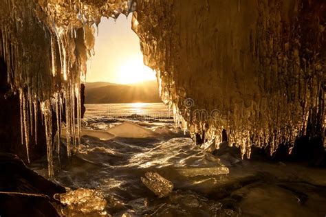 Ice Cave Sun Mountains Sunrise Icicles Lake Stock Photo Image Of
