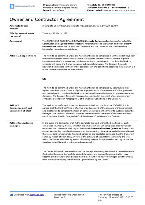 Agreement Between Owner And Contractor Sample Pdf Template