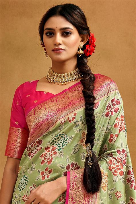Buy Mint Green Kalamkari Silk Saree With Banarasi Border Online Like A Diva