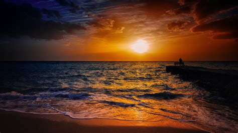 Pier Fisherman Sky Sun Sea Bench Sunset Sunrise Mood Ocean Beach Waves Wallpaper 2048x1152
