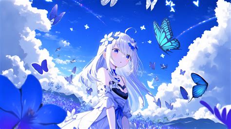 Download Wallpaper 3840x2160 Girl Flowers Anime Butterflies Blue 4k