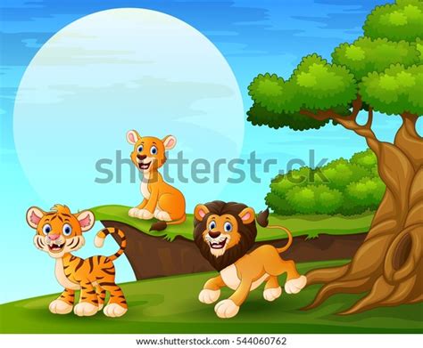 Vector Illustration Cartoon Tiger Lions Playing Stock Vector Royalty