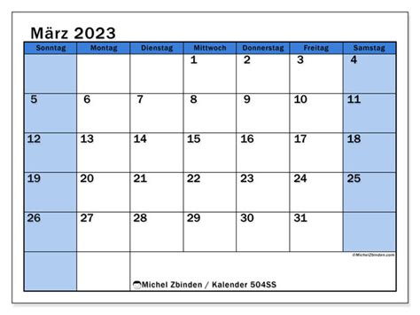 Kalender März 2023 Zum Ausdrucken “504ss” Michel Zbinden Be