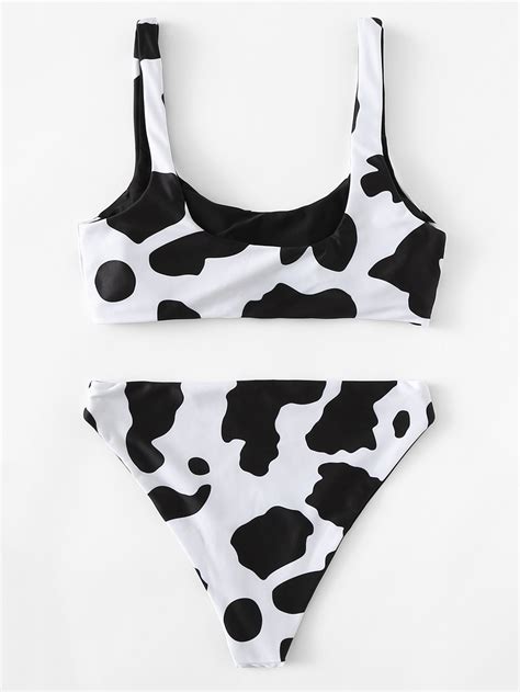 Cow Pattern Top With High Leg Bikini Set Shein Usa