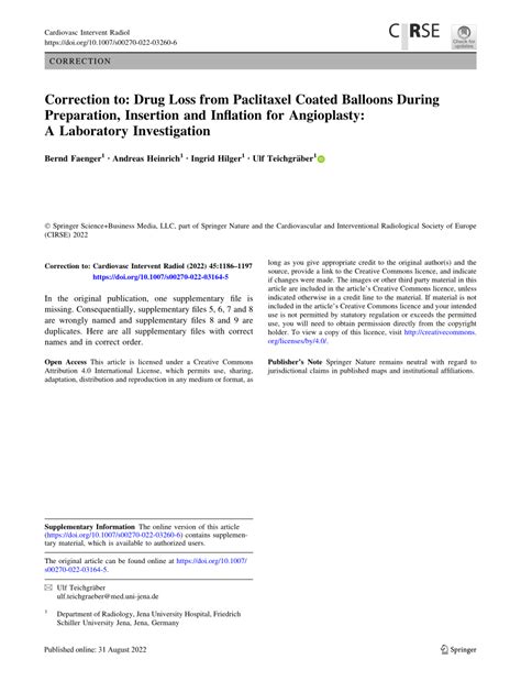 Pdf Correction To Drug Loss From Paclitaxel Coated Balloons During Preparation Insertion And
