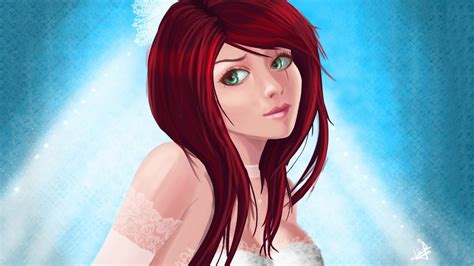 sfondi arte digitale testa rossa modello capelli lunghi anime rosso occhi verdi league