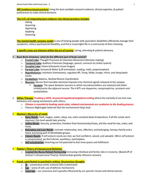 A Mental Health Final Exam Study Guide 1 Ebp Evidence Based Practice