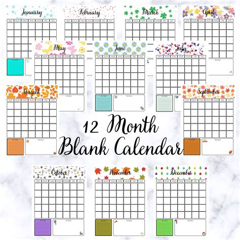 Blank 12 Month Printable Calendar Etsy Printable Calendar Etsy