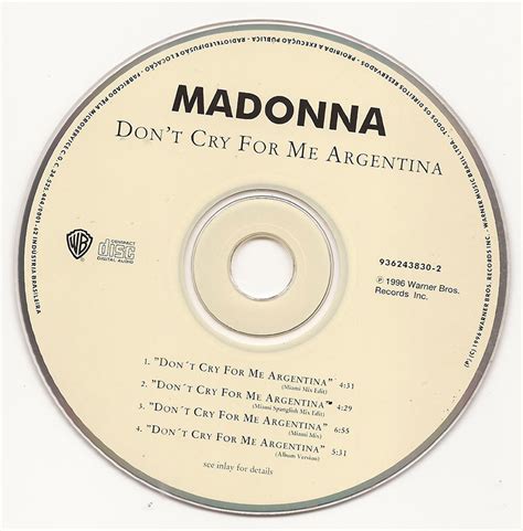 Single Madonna Dont Cry For Me Argentina Encartes Pop