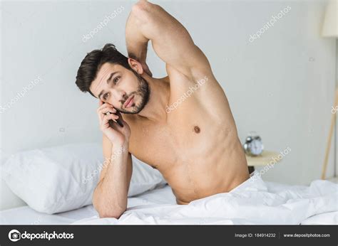 Handsome Shirtless Man Talking Smartphone Bed Morning Stock Photo By