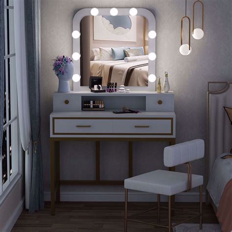 Modern, elegant design that compliments any décor. Large Vanity Table with Square Lighted Mirror, Makeup ...