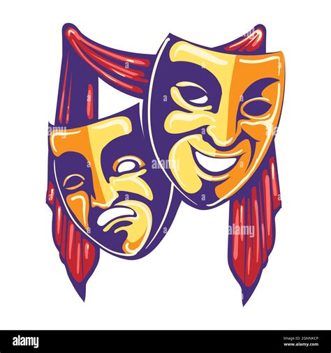 Emblem Of Theater Masks Retro Emblem Drama And Comedy Mask And Curtain