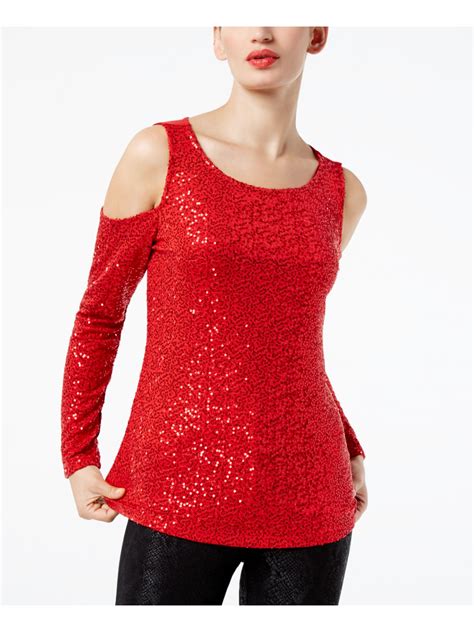 INC Womens Red Sequined Long Sleeve Scoop Neck Tunic Party Top Regular Size M EBay