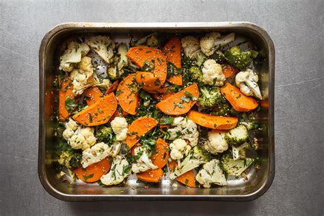 Oven roasted broccoli and cauliflower with parmesan and garlic is one of the easiest recipes ever. Roasted Cauliflower, Broccoli and Sweet Potato with White Miso Dressing - Demuths Cookery School