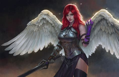 Artwork Fantasy Art Women Redhead Fantasy Girl Angel Wings Sword Armor Long Hair Blue