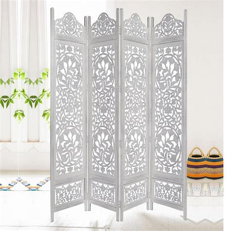 The Urban Port Handcrafted Wooden Distressed White 4 Panel Room Divider